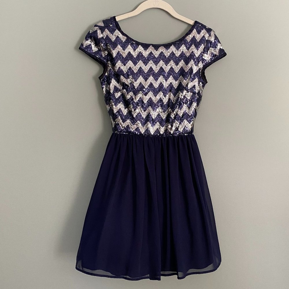 B. Darlin Silver and Navy Sequin Dress Sz. 1/2